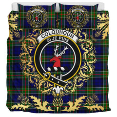 Colquhoun Modern Tartan Crest Bedding Set - Golden Thistle Style