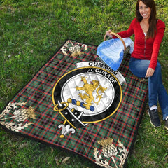 Cumming Hunting Ancient Tartan Crest Premium Quilt - Gold Thistle Style