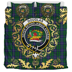 Douglas Green Tartan Crest Bedding Set - Golden Thistle Style