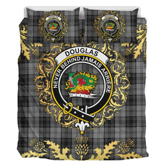 Douglas Grey Tartan Crest Bedding Set - Golden Thistle Style