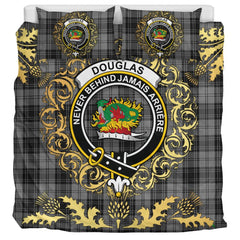 Douglas Grey Tartan Crest Bedding Set - Golden Thistle Style
