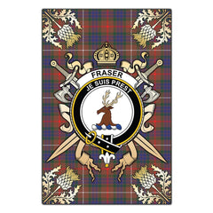 Fraser Hunting Modern Tartan Crest Black Garden Flag - Gold Thistle Style