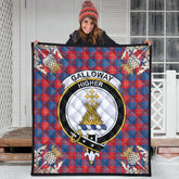 Galloway Red Tartan Crest Premium Quilt - Gold Thistle Style