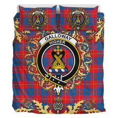Galloway Red Tartan Crest Bedding Set - Golden Thistle Style