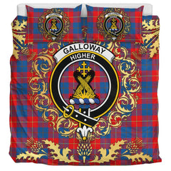 Galloway Red Tartan Crest Bedding Set - Golden Thistle Style