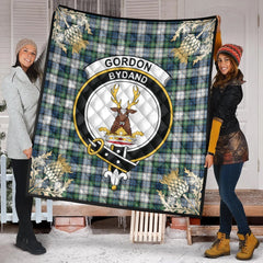 Gordon Dress Ancient Tartan Crest Premium Quilt - Gold Thistle Style