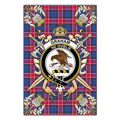 Graham of Menteith Red Tartan Crest Black Garden Flag - Gold Thistle Style