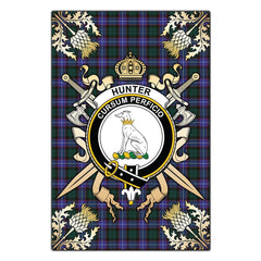 Hunter Modern Tartan Crest Black Garden Flag - Gold Thistle Style