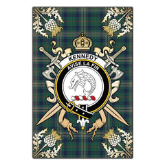 Kennedy Modern Tartan Crest Black Garden Flag - Gold Thistle Style