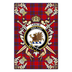 Leslie Modern Tartan Crest Black Garden Flag - Gold Thistle Style