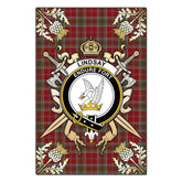 Lindsay Weathered Tartan Crest Black Garden Flag - Gold Thistle Style