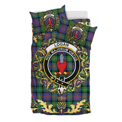 Logan Ancient Tartan Crest Bedding Set - Golden Thistle Style