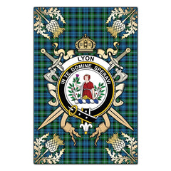 Lyon Tartan Crest Black Garden Flag - Gold Thistle Style