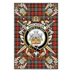 MacLachlan Weathered Tartan Crest Black Garden Flag - Gold Thistle Style
