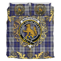 MacPherson Dress Blue Tartan Crest Bedding Set - Golden Thistle Style
