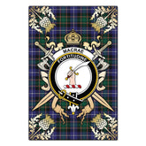 MacRae Hunting Modern Tartan Crest Black Garden Flag - Gold Thistle Style
