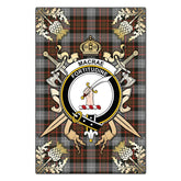 MacRae Hunting Weathered Tartan Crest Black Garden Flag - Gold Thistle Style
