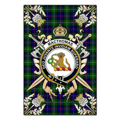 MacThomas Modern Tartan Crest Black Garden Flag - Gold Thistle Style