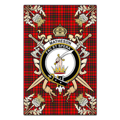Matheson Modern Tartan Crest Black Garden Flag - Gold Thistle Style