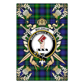 Meldrum Tartan Crest Black Garden Flag - Gold Thistle Style