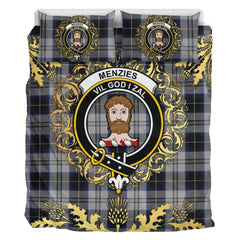 Menzies Black Dress Tartan Crest Bedding Set - Golden Thistle Style