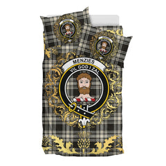 Menzies Black and White Ancient Tartan Crest Bedding Set - Golden Thistle Style