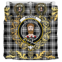 Menzies Black and White Modern Tartan Crest Bedding Set - Golden Thistle Style