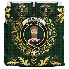 Menzies Green Tartan Crest Bedding Set - Golden Thistle Style