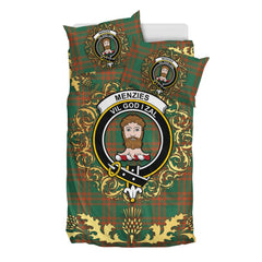 Menzies Green Ancient Tartan Crest Bedding Set - Golden Thistle Style