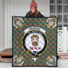 Menzies Green Ancient Tartan Crest Premium Quilt - Gold Thistle Style