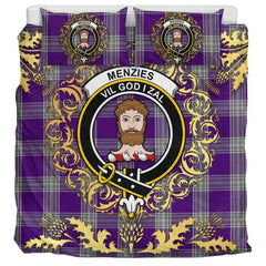 Menzies Mauve and White Tartan Crest Bedding Set - Golden Thistle Style