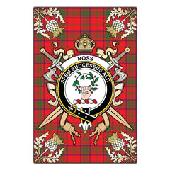 Ross Modern Tartan Crest Black Garden Flag - Gold Thistle Style