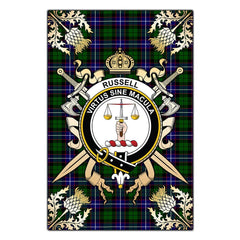 Russell Modern Tartan Crest Black Garden Flag - Gold Thistle Style