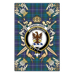 Sandilands Tartan Crest Black Garden Flag - Gold Thistle Style