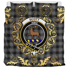Scott Black and White Tartan Crest Bedding Set - Golden Thistle Style