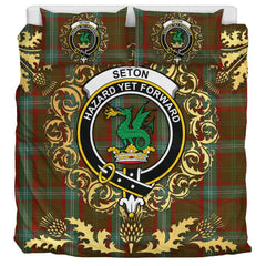 Seton Hunting Tartan Crest Bedding Set - Golden Thistle Style