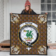 Seton Hunting Modern Tartan Crest Premium Quilt - Gold Thistle Style