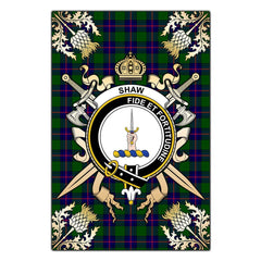 Shaw Modern Tartan Crest Black Garden Flag - Gold Thistle Style