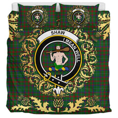 Shaw of Tordarroch Green Hunting Tartan Crest Bedding Set - Golden Thistle Style