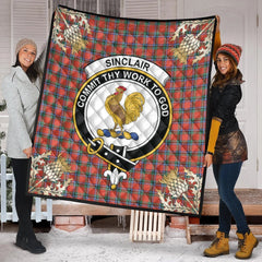 Sinclair Ancient Tartan Crest Premium Quilt - Gold Thistle Style