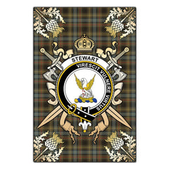 Stewart Hunting Weathered Tartan Crest Black Garden Flag - Gold Thistle Style
