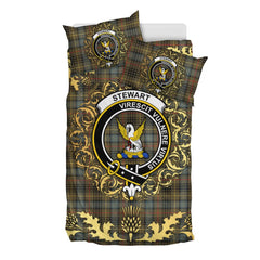 Stewart Hunting Weathered Tartan Crest Bedding Set - Golden Thistle Style
