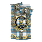 Stewart Muted Blue Tartan Crest Bedding Set - Golden Thistle Style