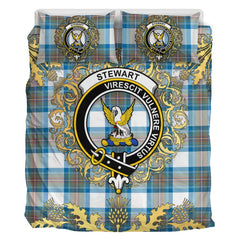Stewart Muted Blue Tartan Crest Bedding Set - Golden Thistle Style
