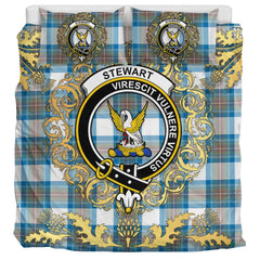 Stewart Muted Blue Tartan Crest Bedding Set - Golden Thistle Style