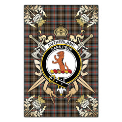 Sutherland Weathered Tartan Crest Black Garden Flag - Gold Thistle Style