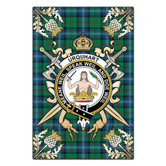 Urquhart Ancient Tartan Crest Black Garden Flag - Gold Thistle Style