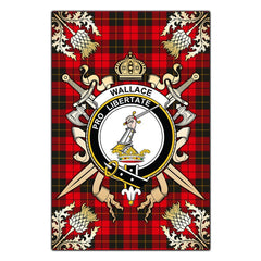 Wallace Weathered Tartan Crest Black Garden Flag - Gold Thistle Style