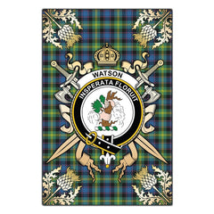Watson Ancient Tartan Crest Black Garden Flag - Gold Thistle Style