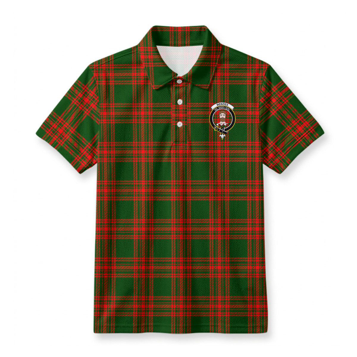 Menzies Green Modern Tartan Crest Birdseye Mesh Polo Shirt